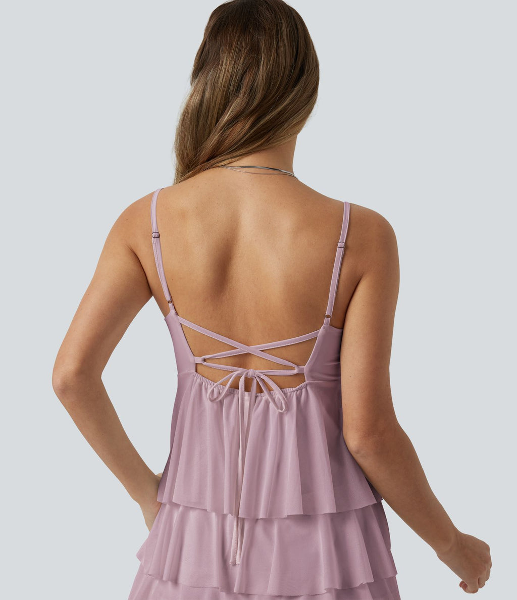 Robe nuisette courte décontractée à volants, dos nu croisé, empiècement en résille, brassière intégrée et poches