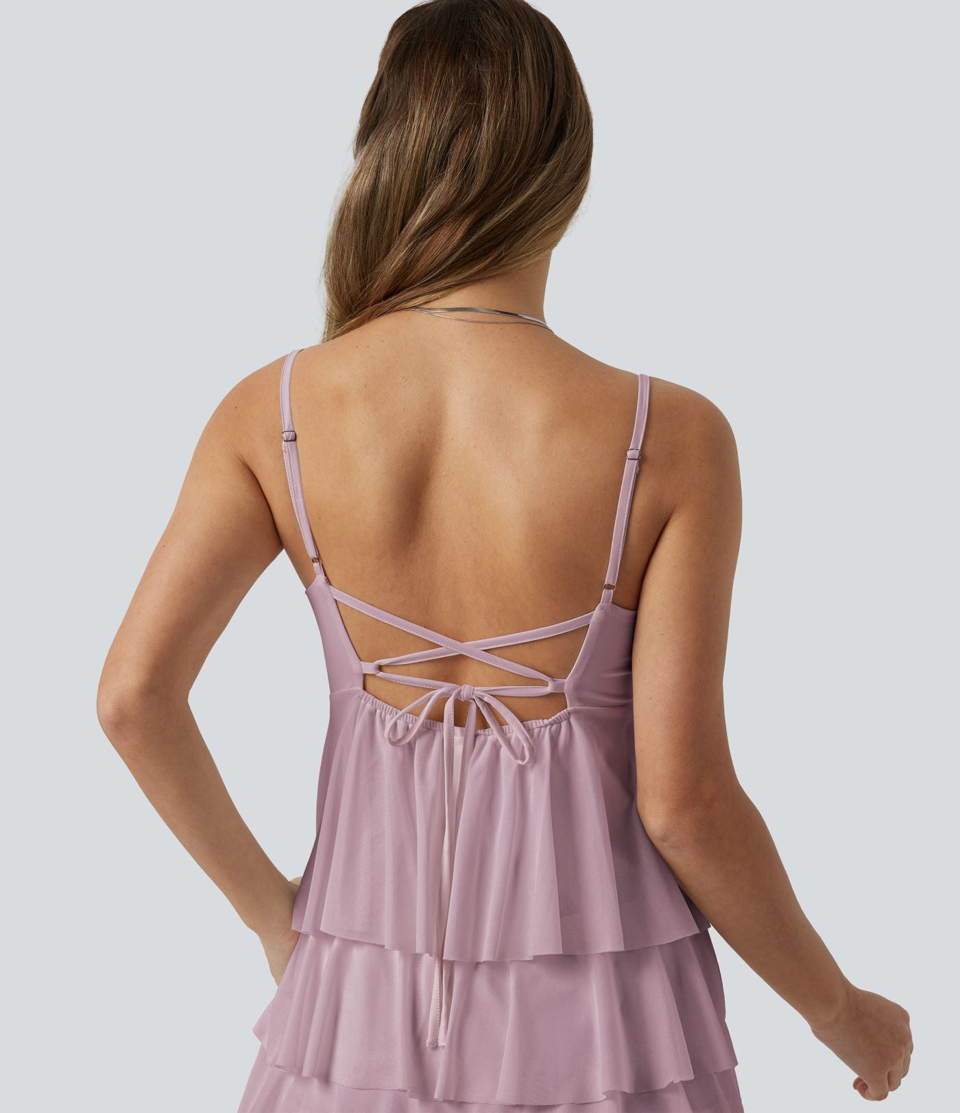 Robe nuisette courte décontractée à volants, dos nu croisé, empiècement en résille, brassière intégrée et poches