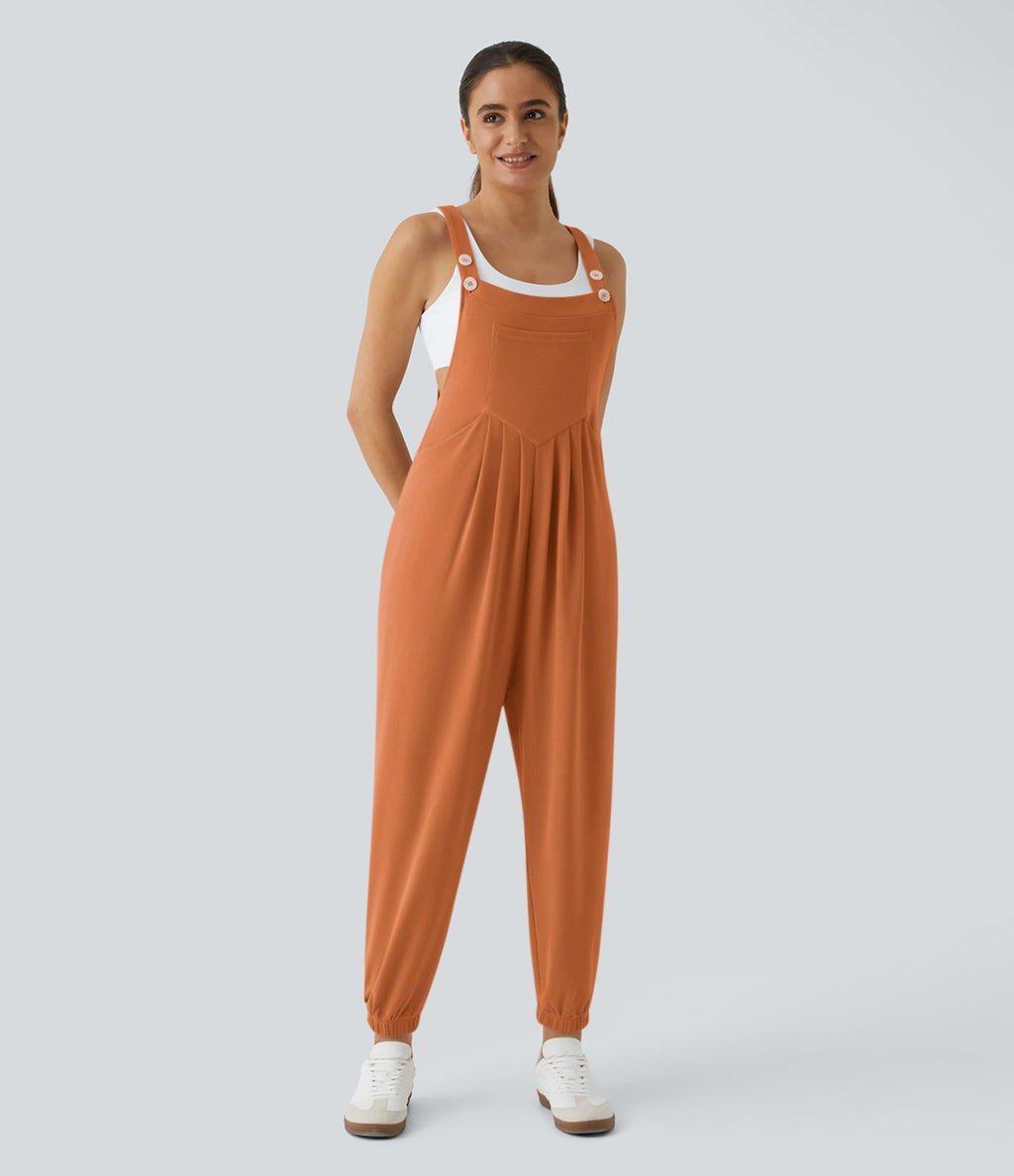 Salopette Casual Bretelles Ajustables Boutonnés Multiples Poches Plis et Tissu Gaufré