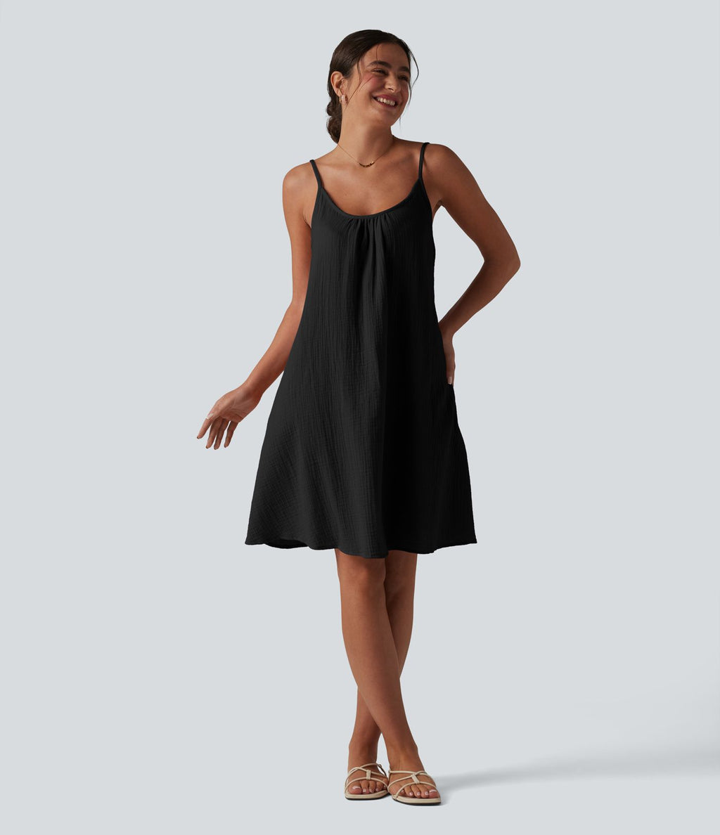 Robe nuisette mini fluide casual en coton bretelles réglables avec poches