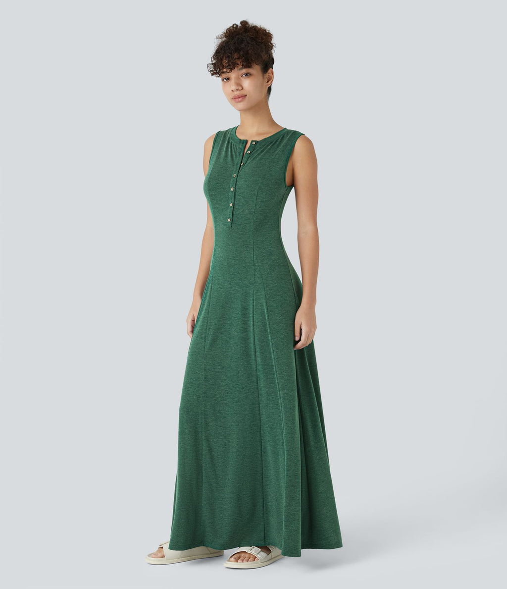 Robe Casual Maxi Col Rond Sans Manches Boutonnés