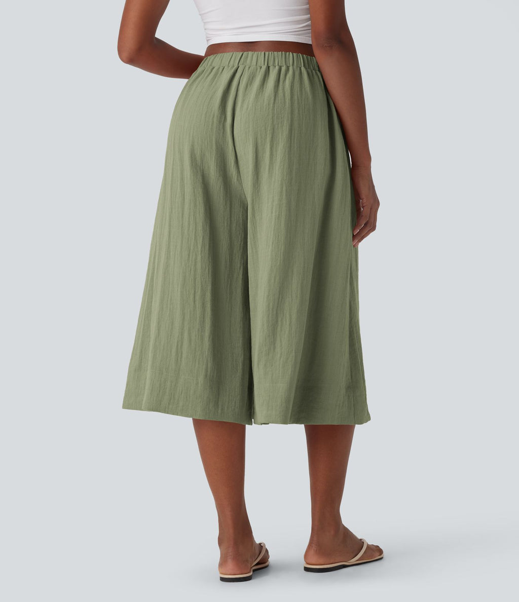 Pantalon fluide large taille mi-haute effet lin avec poche