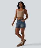 Short denim ample décontracté Halara Flex™ délavé taille mi-haute ourlet roulotté avec poches