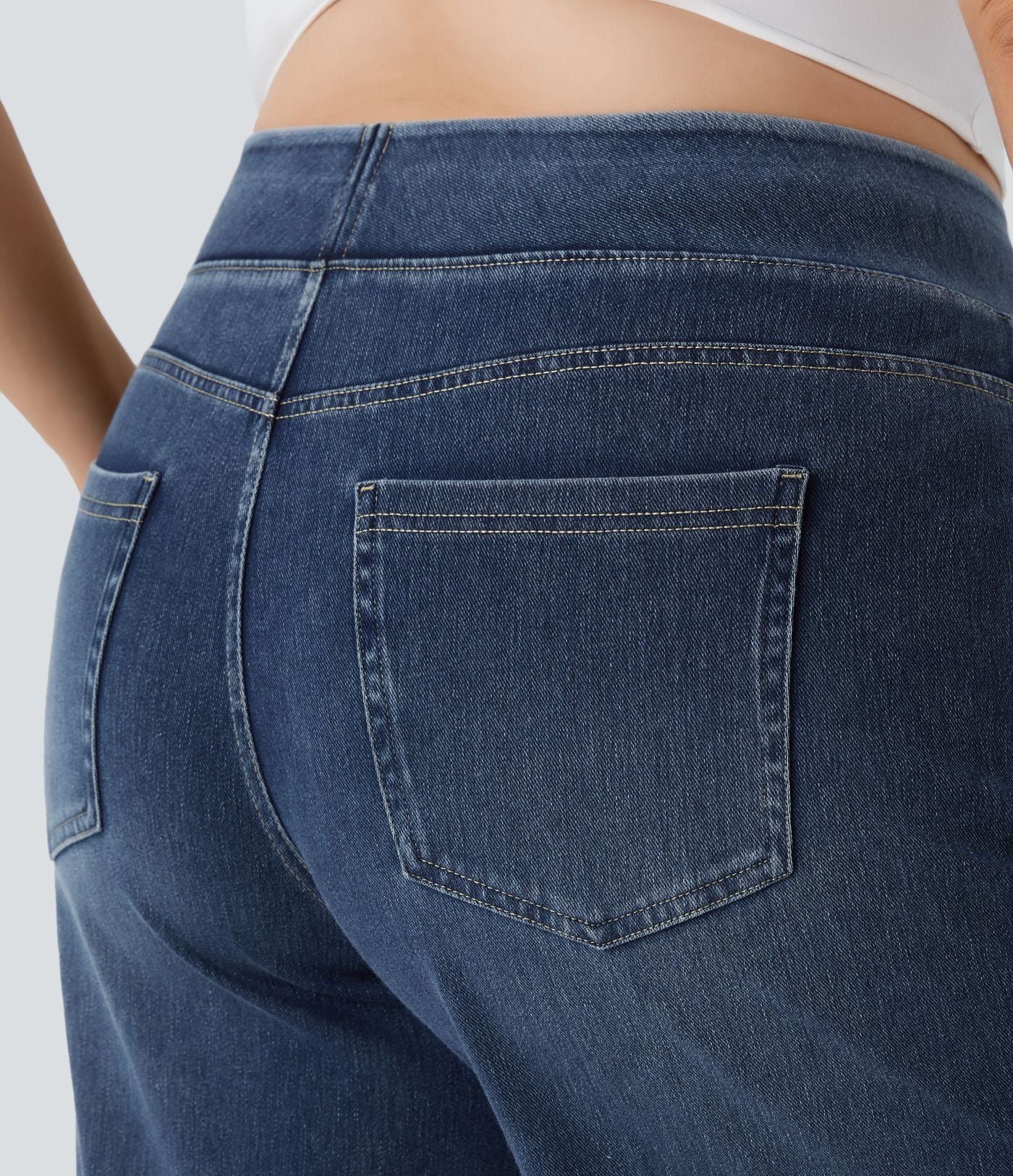 Halara Flex™ Jeans Larges Casual Taille Haute Multiples Poches Lavés Élastiques et Tricotés Grande Taille