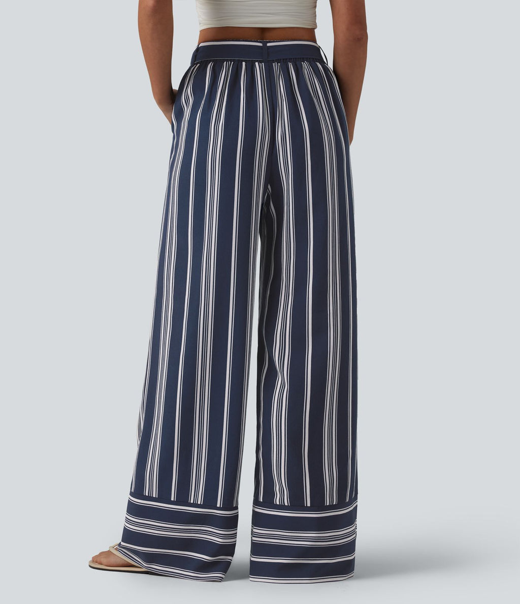 Pantalon large taille haute à rayures avec ceinture et poches