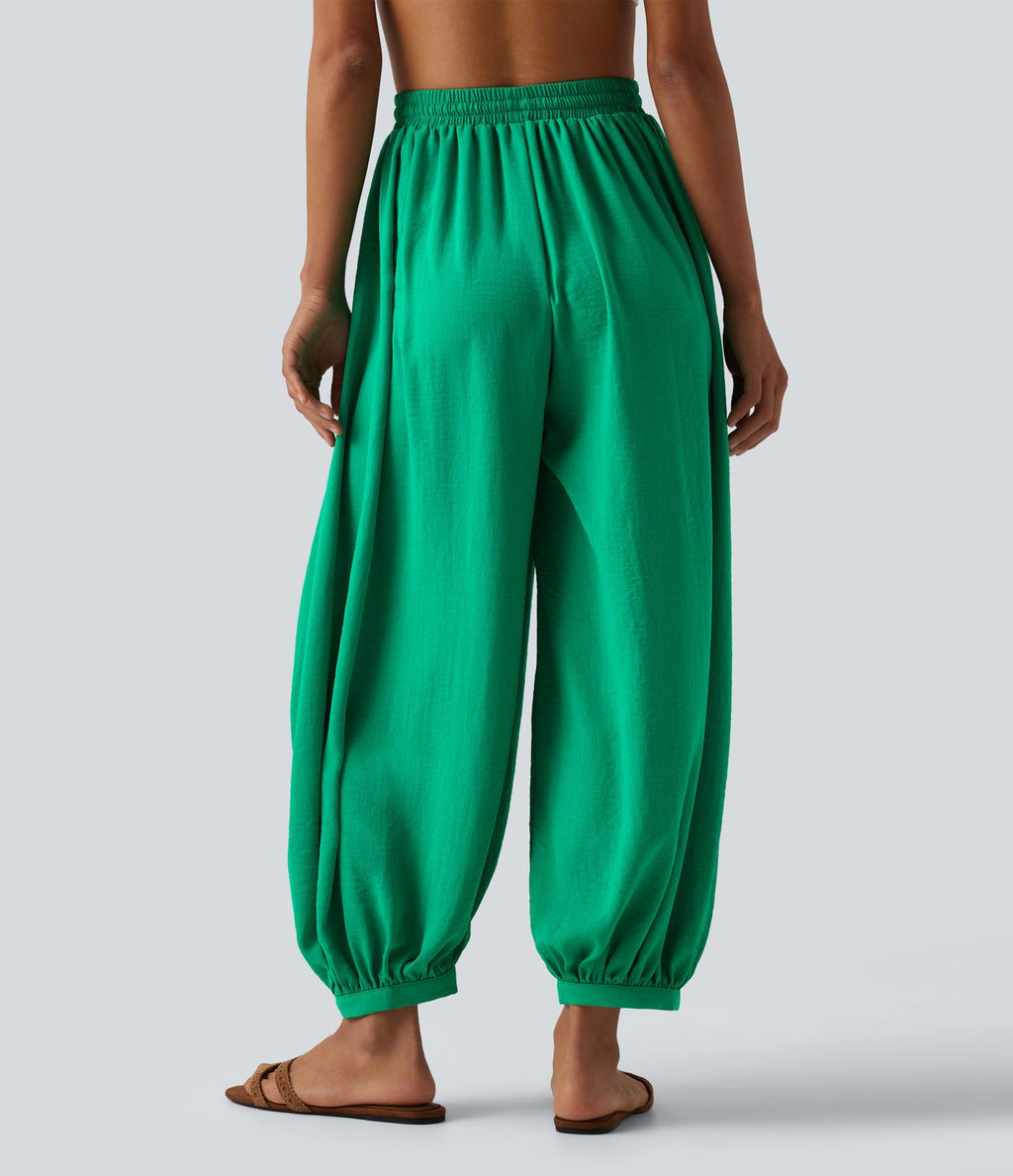 Pantalon ballon fluide resort taille haute effet lin avec cordon de serrage et poches