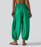 Pantalon ballon fluide resort taille haute effet lin avec cordon de serrage et poches