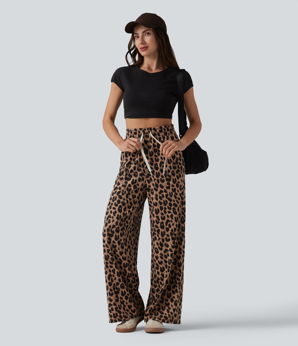 Pantalon ample taille haute rabattable en tissu gaufré imprimé léopard avec cordon de serrage et poches
