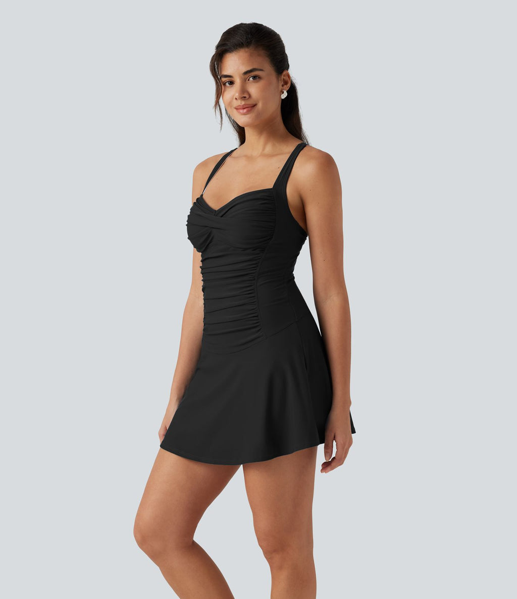 Robe de bain 2-en-1 push-up gainante à encolure Queen Anne avec bretelles ajustables, design torsadé, fronces, brassière intégrée et poches