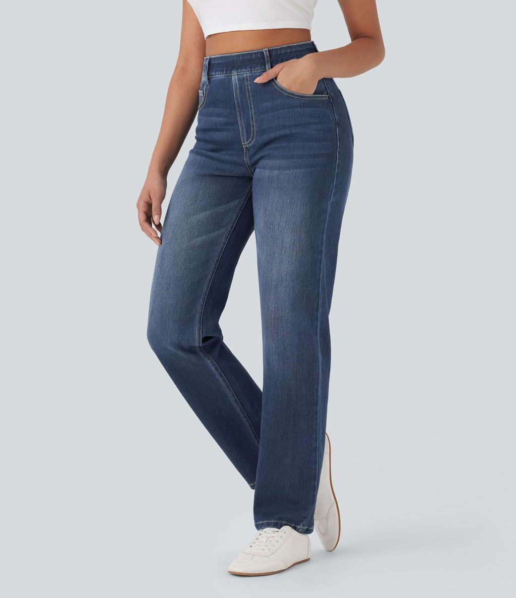 Halara Flex™ Jean casual délavé jambe droite taille haute gainant avec poches