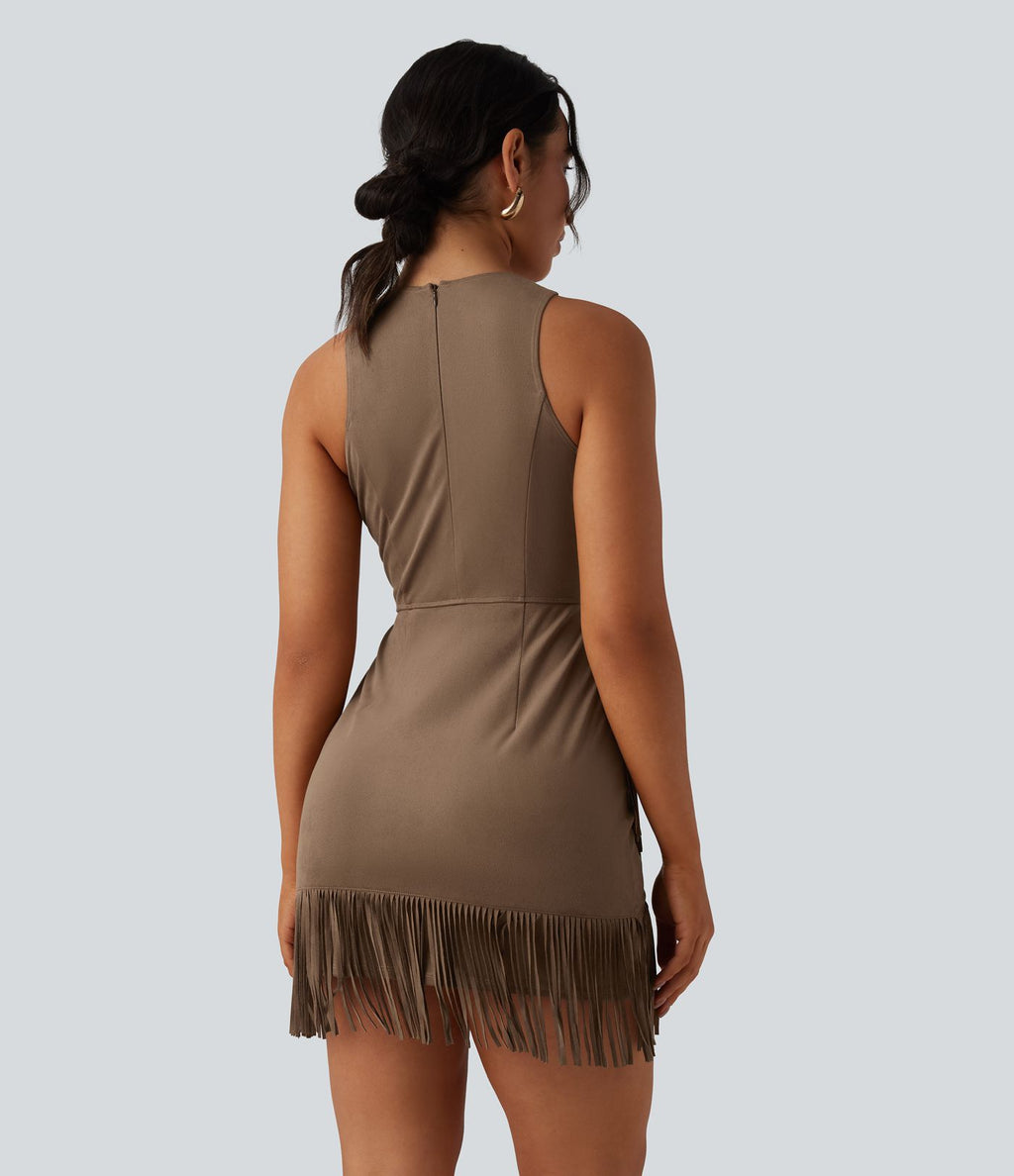 Robe mini moulante en suédine col rond sans manches avec franges
