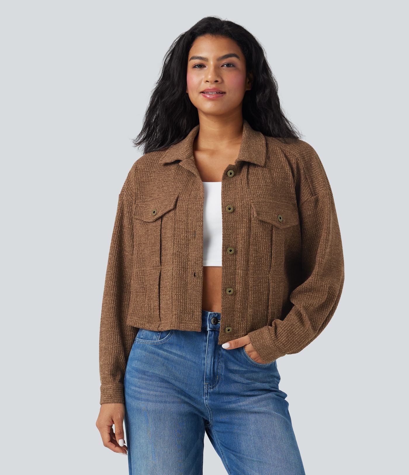 Veste décontractée maille gaufrée manches longues avec poches