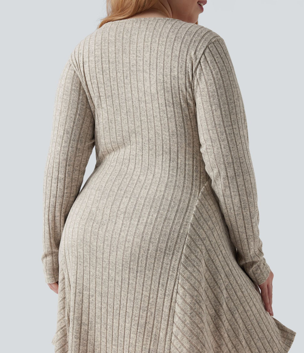 Robe mini évasée grande taille col V en maille côtelée à manches longues