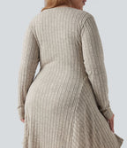 Robe mini évasée grande taille col V en maille côtelée à manches longues