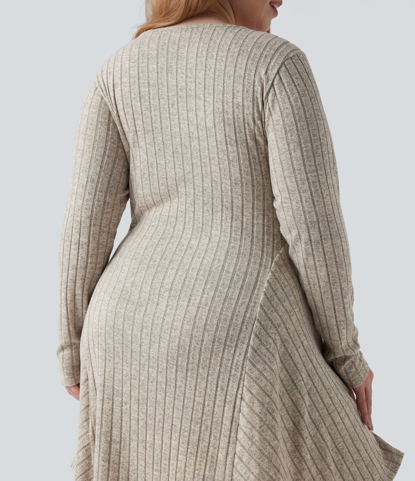 Robe mini évasée grande taille col V en maille côtelée à manches longues