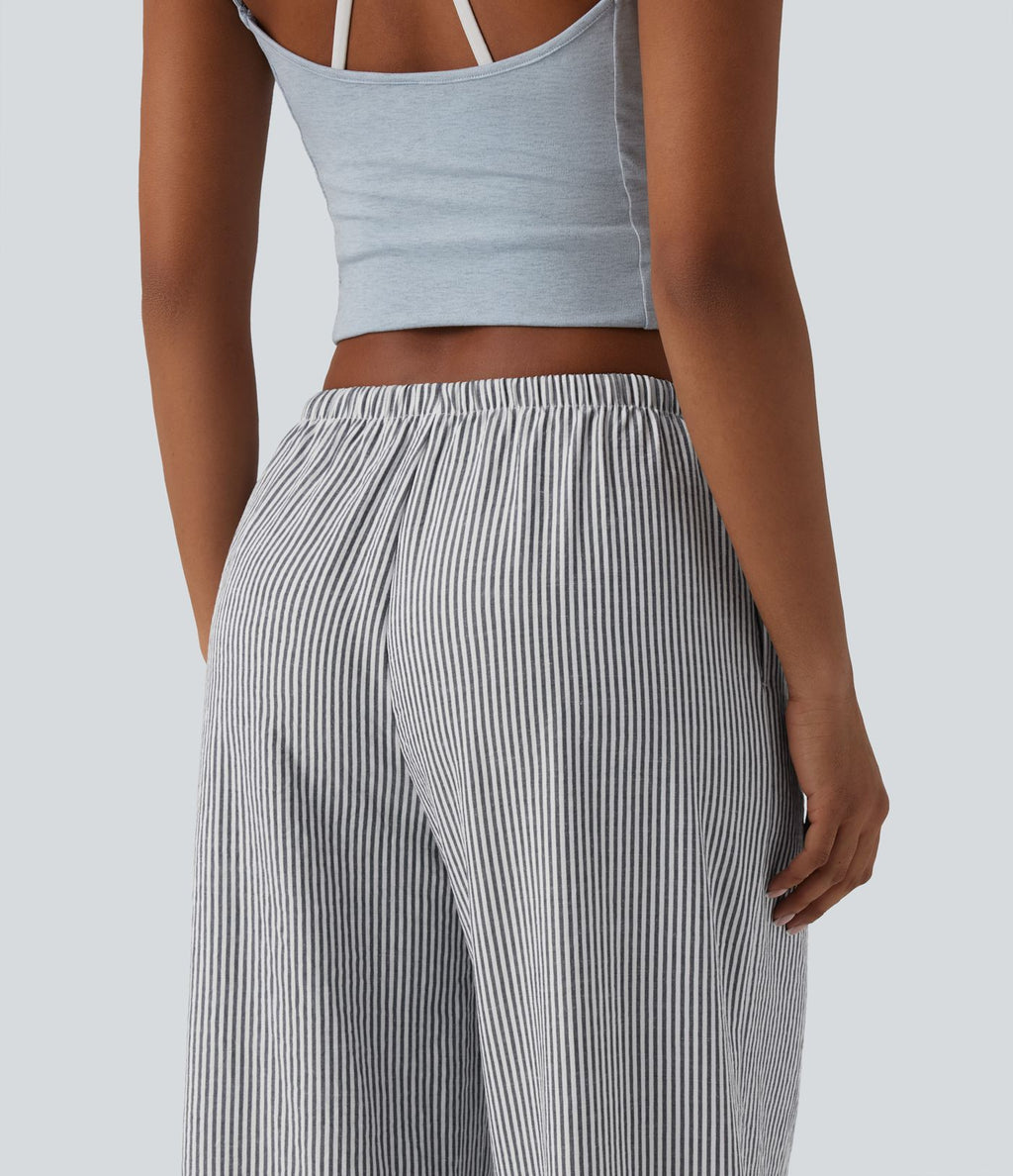 Pantalon large casual taille basse aspect lin rayures avec cordon de serrage et poches