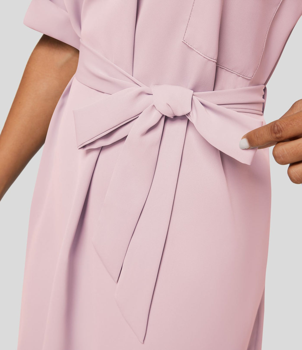 Robe-chemise décontractée à col, manches retroussables et ceinture