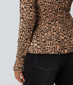 Veste décontractée Halara UltraSculpt™ imprimé léopard col montant manches longues avec trous pour pouces et poches