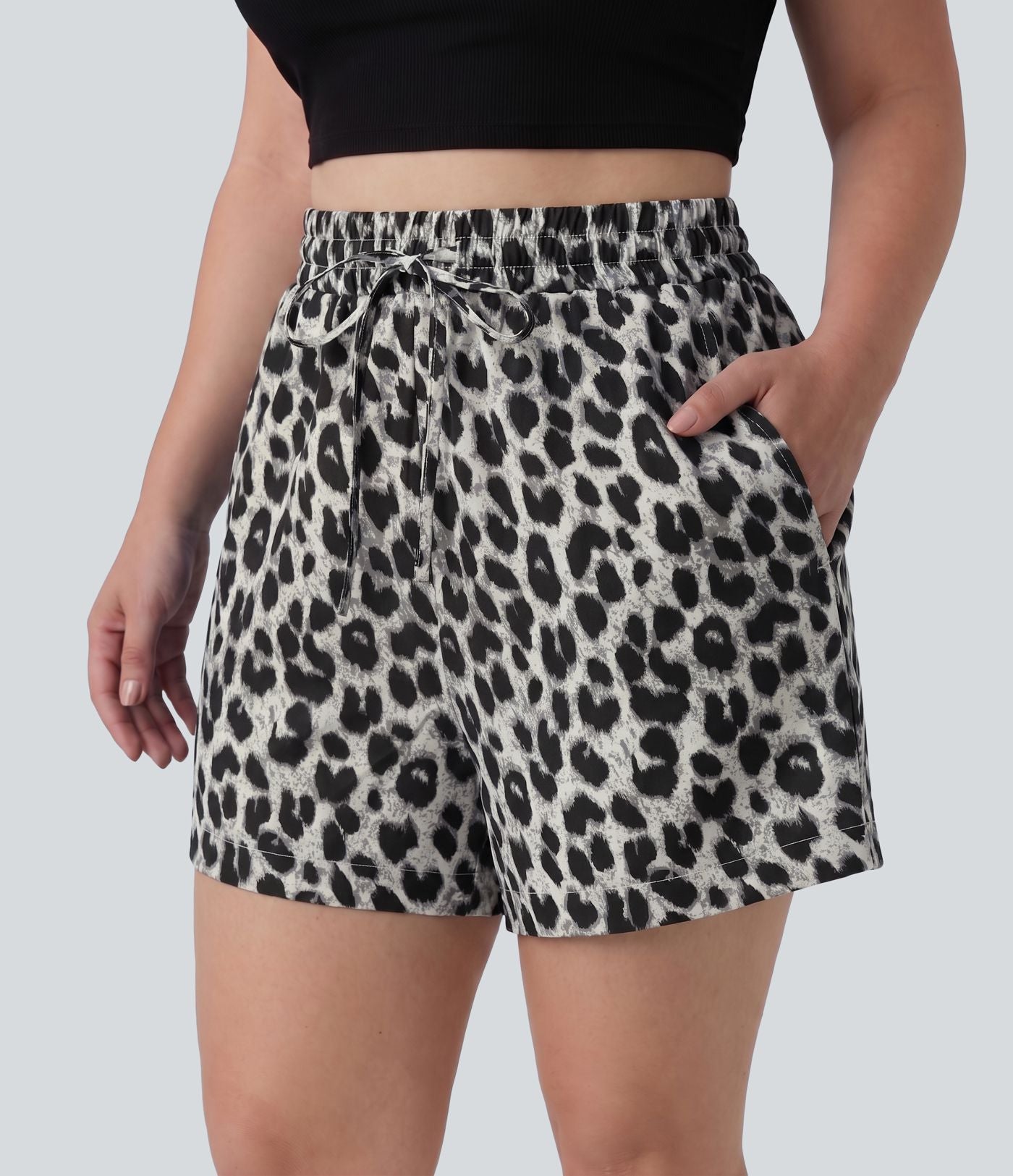 Short grande taille taille haute imprimé léopard avec cordon de serrage et poches
