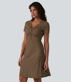 Robe casual à col V, manches courtes et imprimé à pois longueur genou