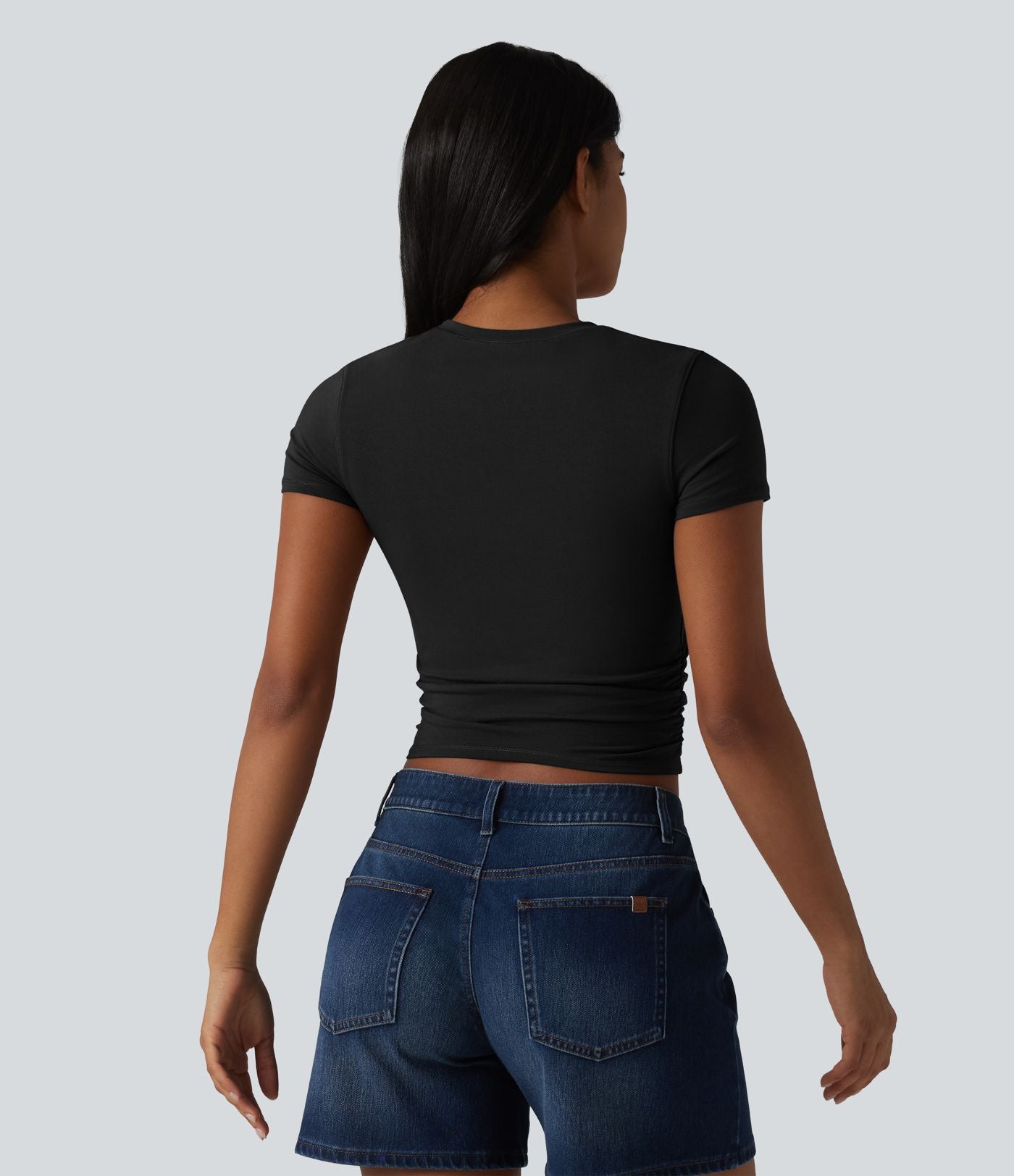 T-shirt casual Halara en jersey de coton col rond à manches courtes froncé avec brassière intégrée