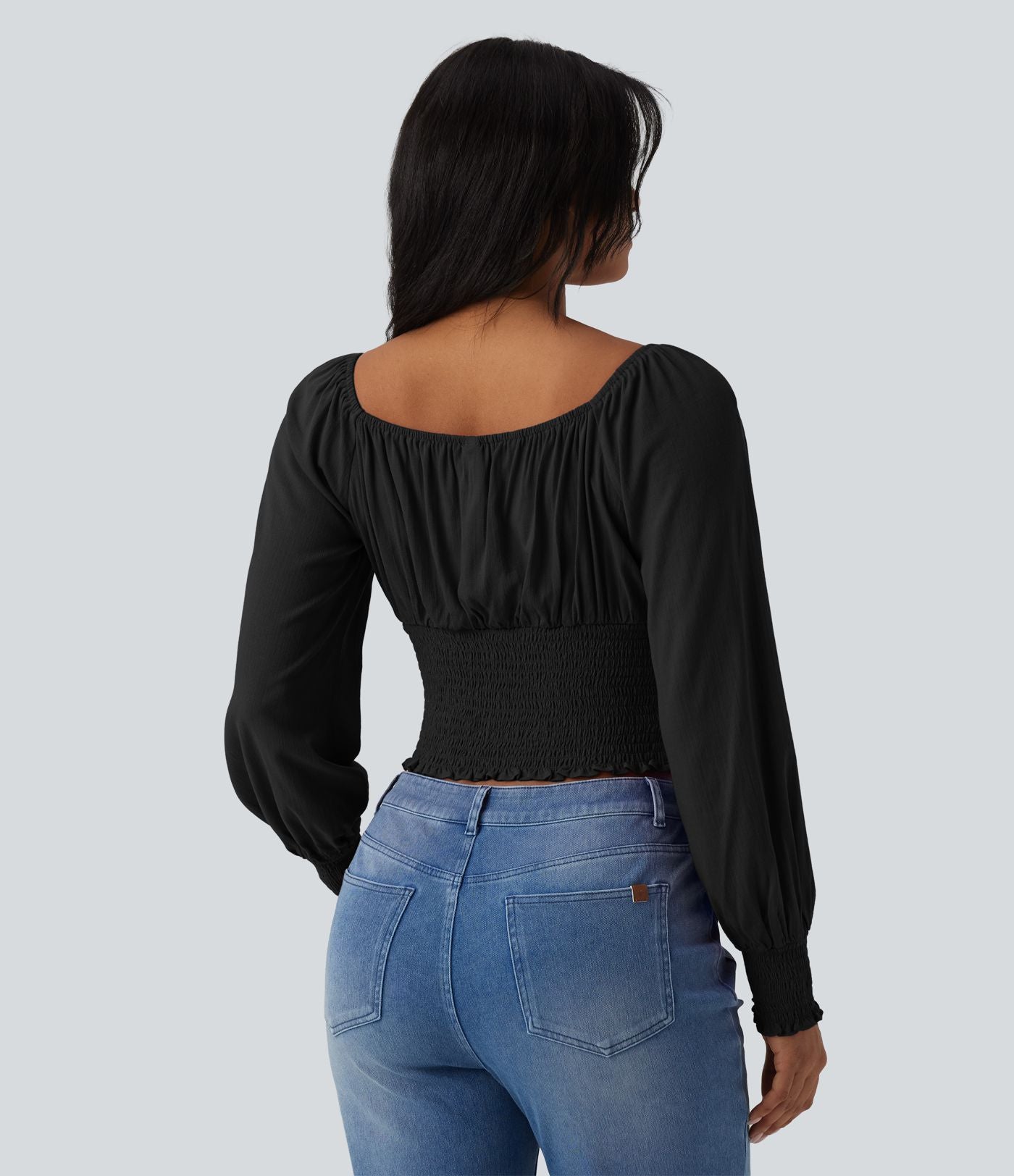 Blouse casual froncée à col carré et manches bouffantes