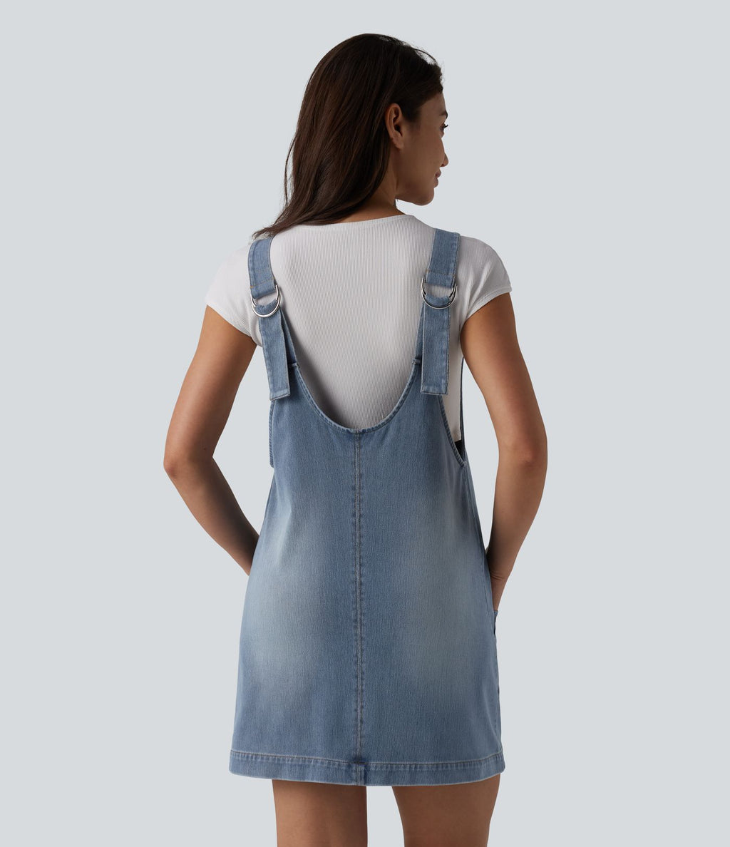 Robe mini décontractée Halara Flex™ col V en denim délavé avec poches