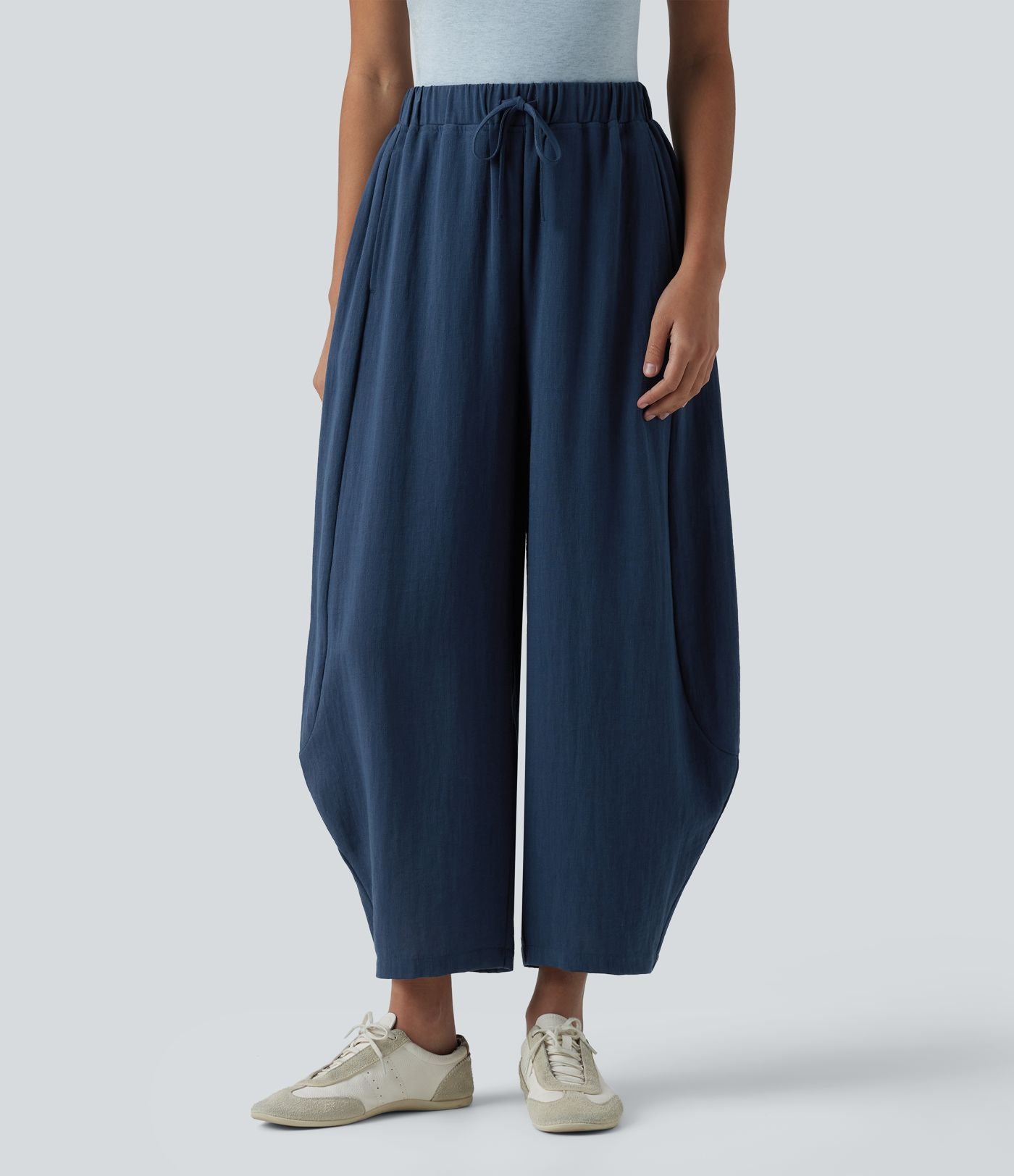 Pantalon décontracté effet lin jambes ballon taille haute avec cordon de serrage et poches
