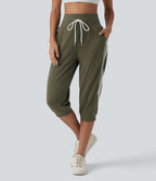 Jogging casual capri à rayures taille haute avec cordon de serrage et poches