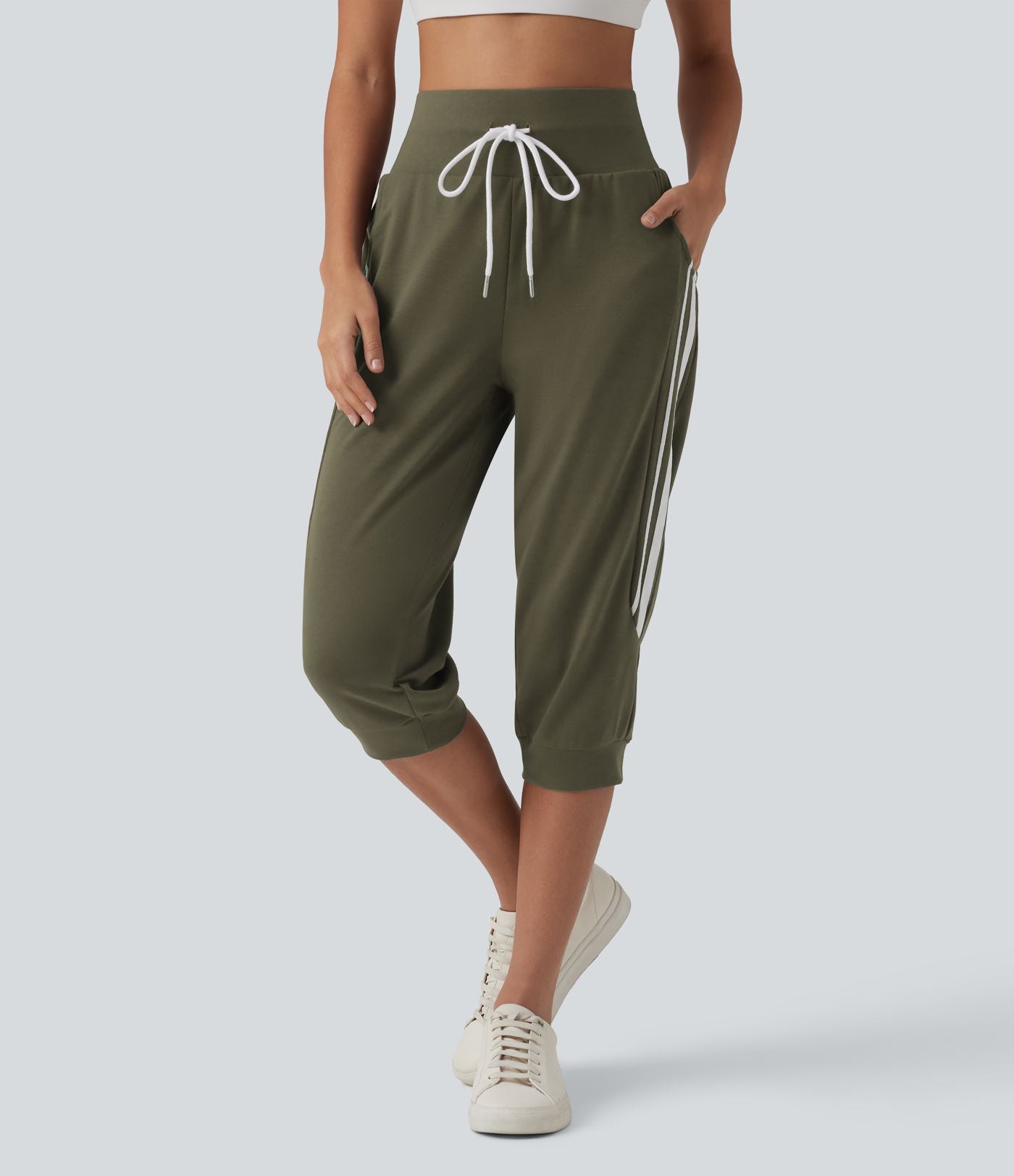 Jogging casual capri à rayures taille haute avec cordon de serrage et poches