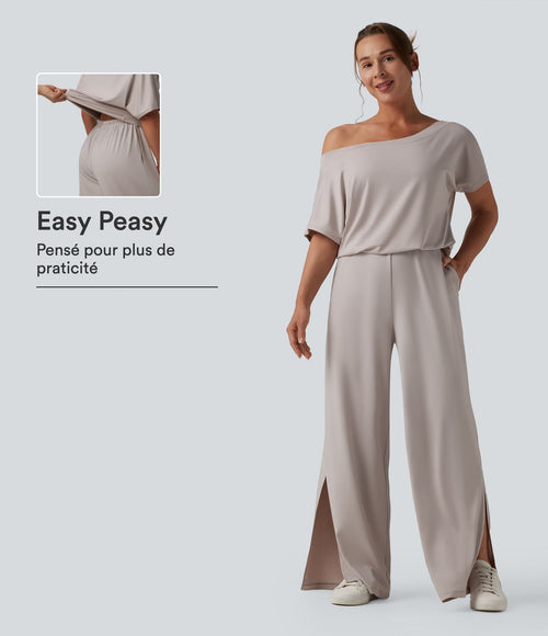 Combinaison casual asymétrique manches courtes avec poches et fente - Easy Peasy