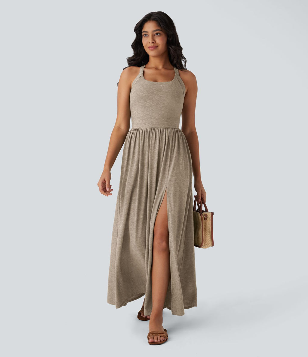 Robe longue fluide fendue avec poches latérales, dos nu et effet torsadé