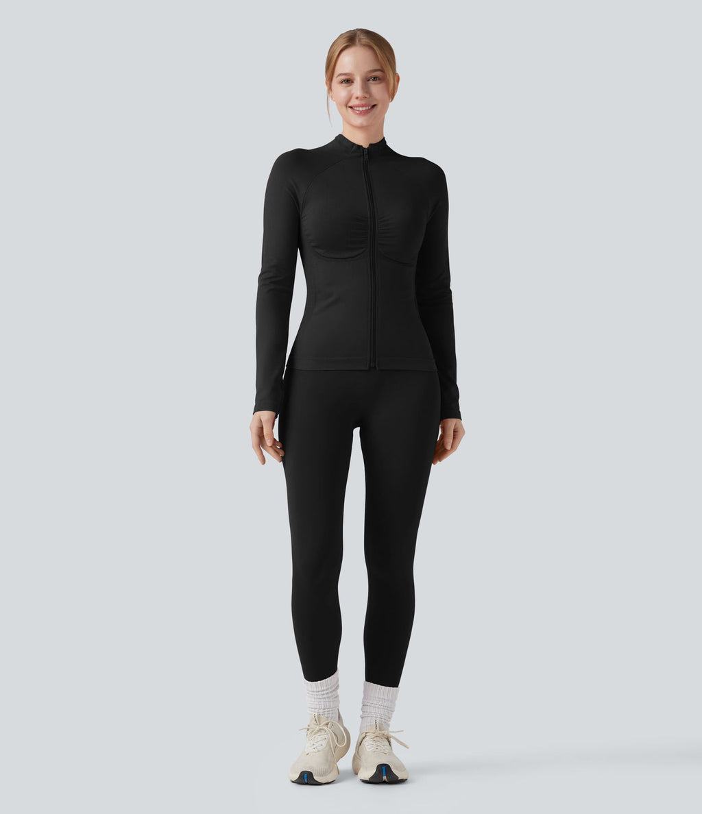 OneForm Seamless Flow Veste yoga zippée froncée à manches longues