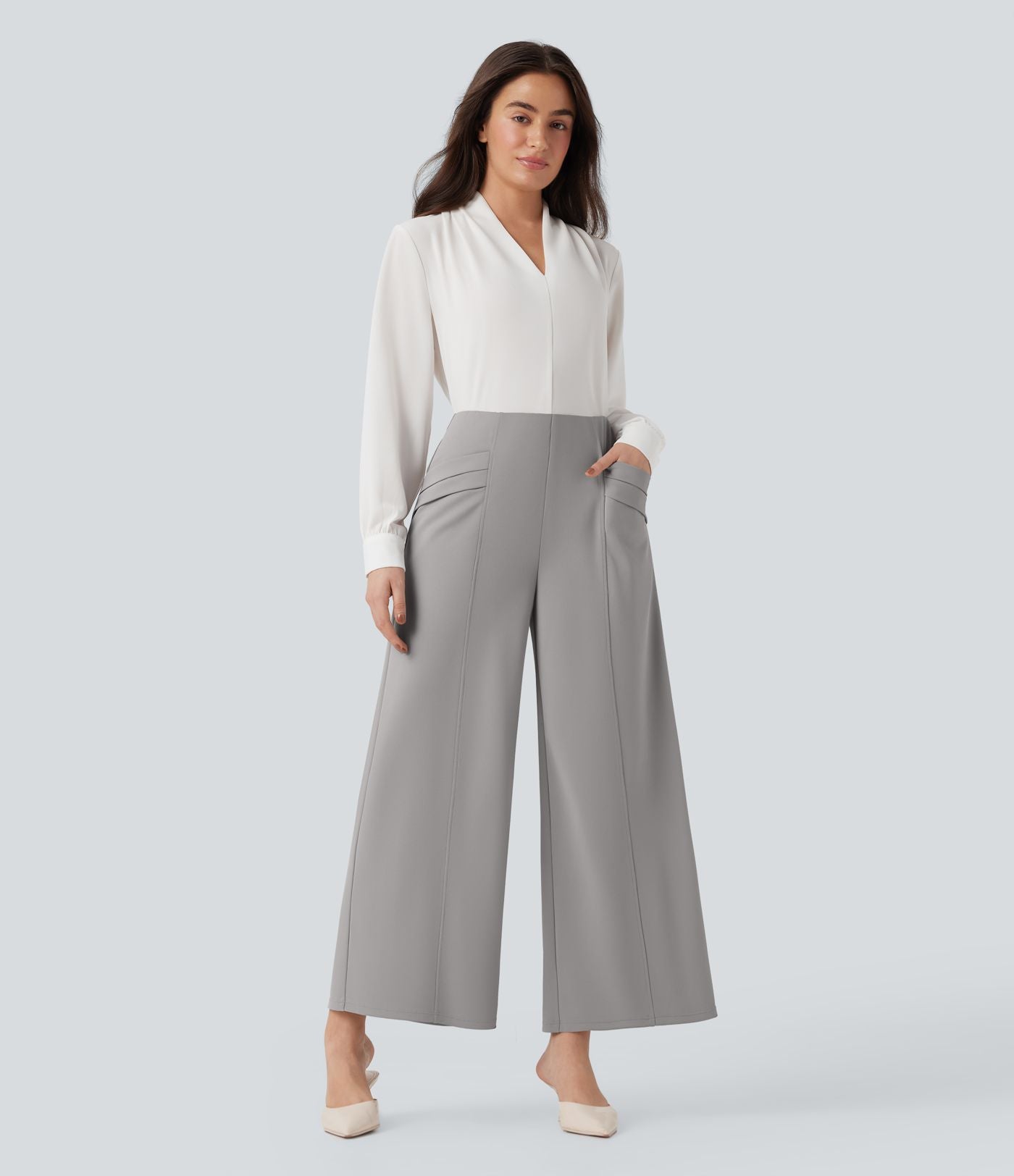 Pantalon tailleur 7/8 Halara Flex™ taille haute jambes larges en crêpe avec poches