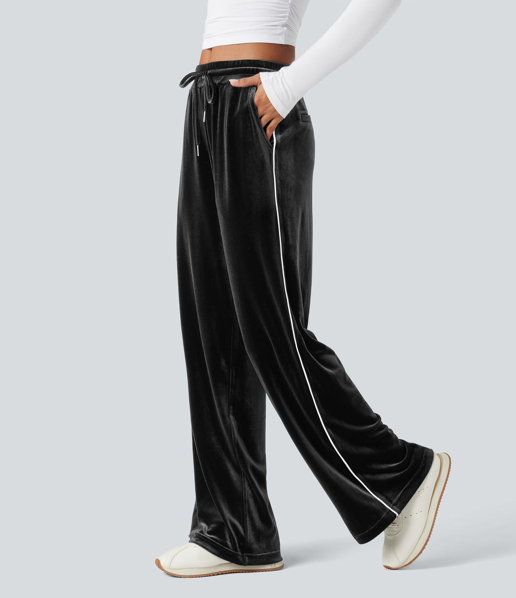 Pantalon décontracté droit en velours, taille mi-haute, avec cordon et poches