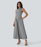 Robe longue décontractée sans manches à col montant, coupe évasée et poches latérales