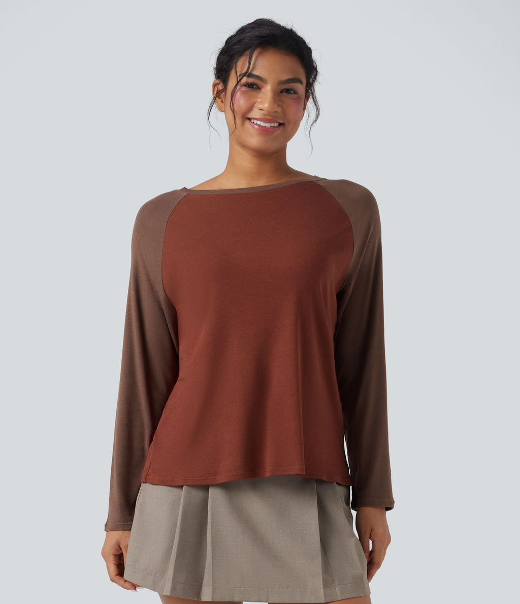 Top col rond manches raglan longues color block
