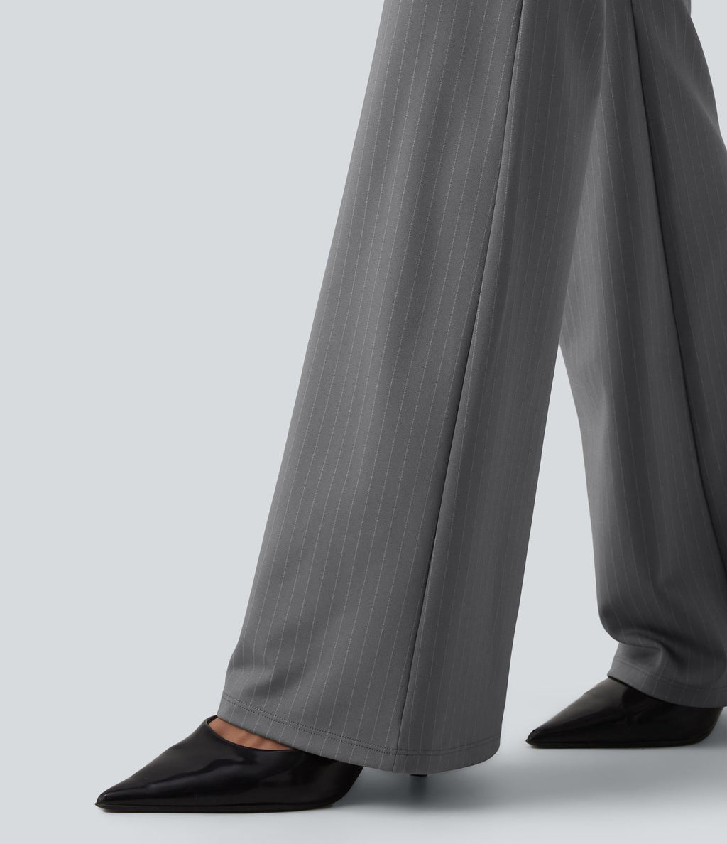 Pantalon tailleur évasé à rayures taille haute avec poches