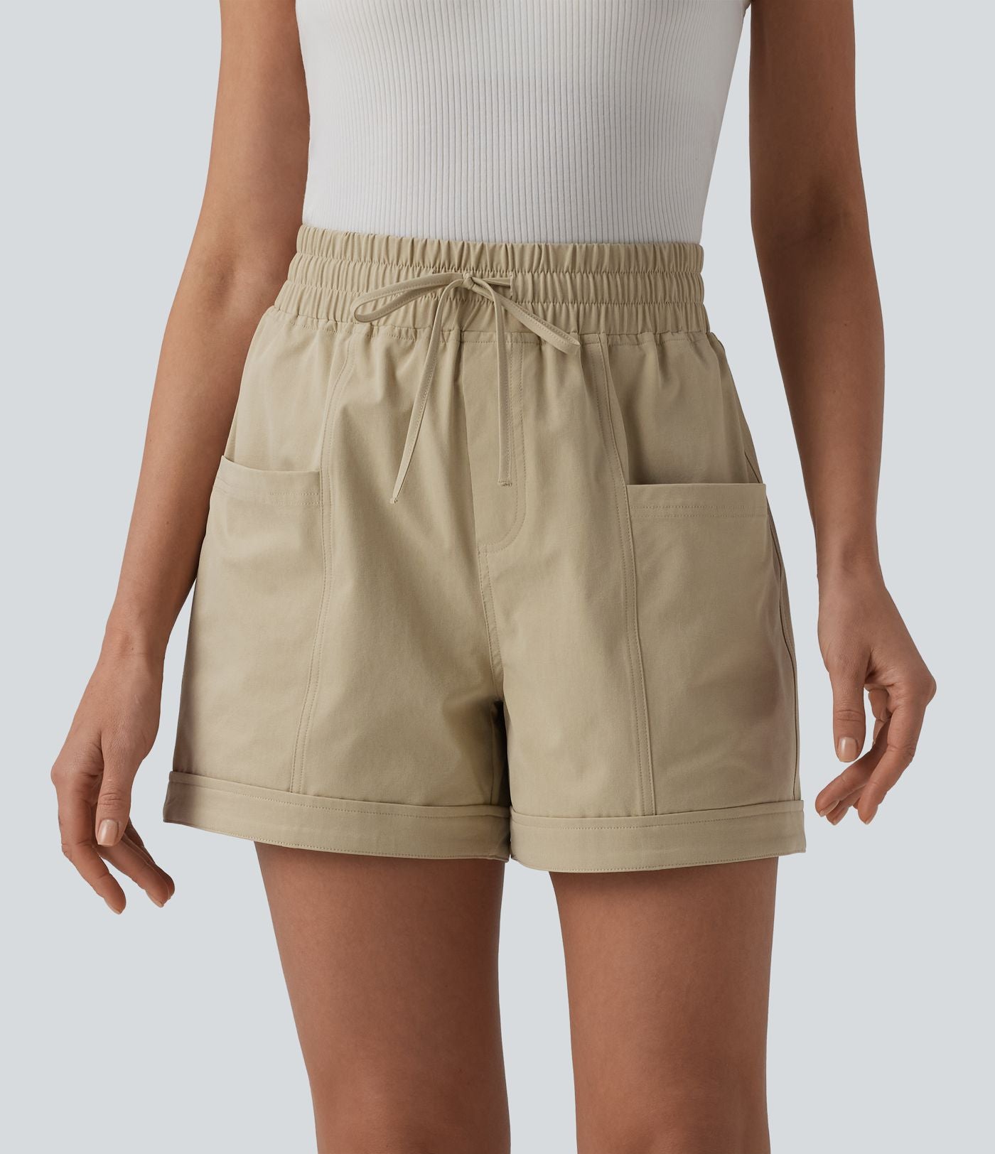 Short casual ample taille mi-haute en popeline extensible à cordon de serrage avec poches