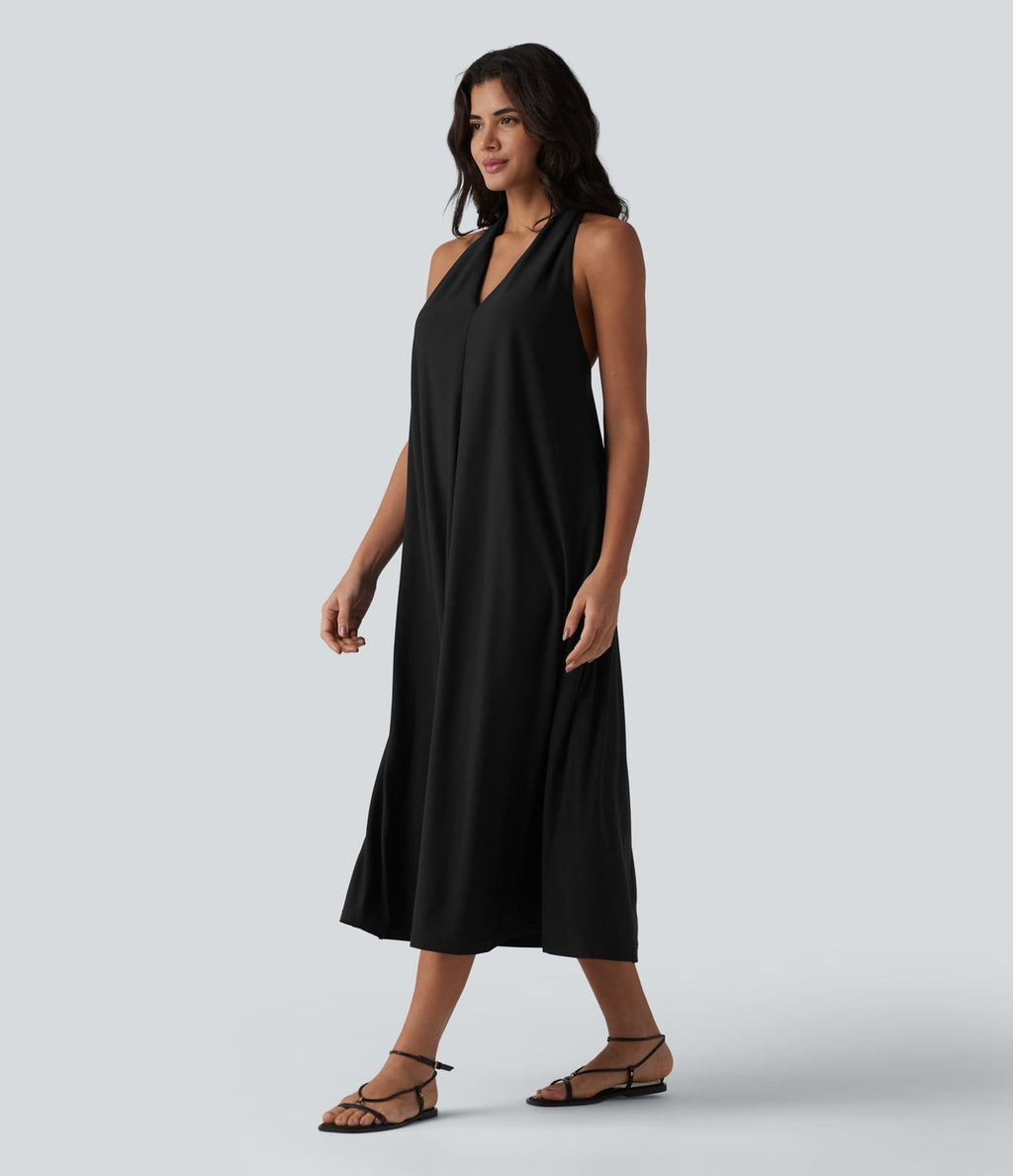 Robe midi décontractée col V avec poches