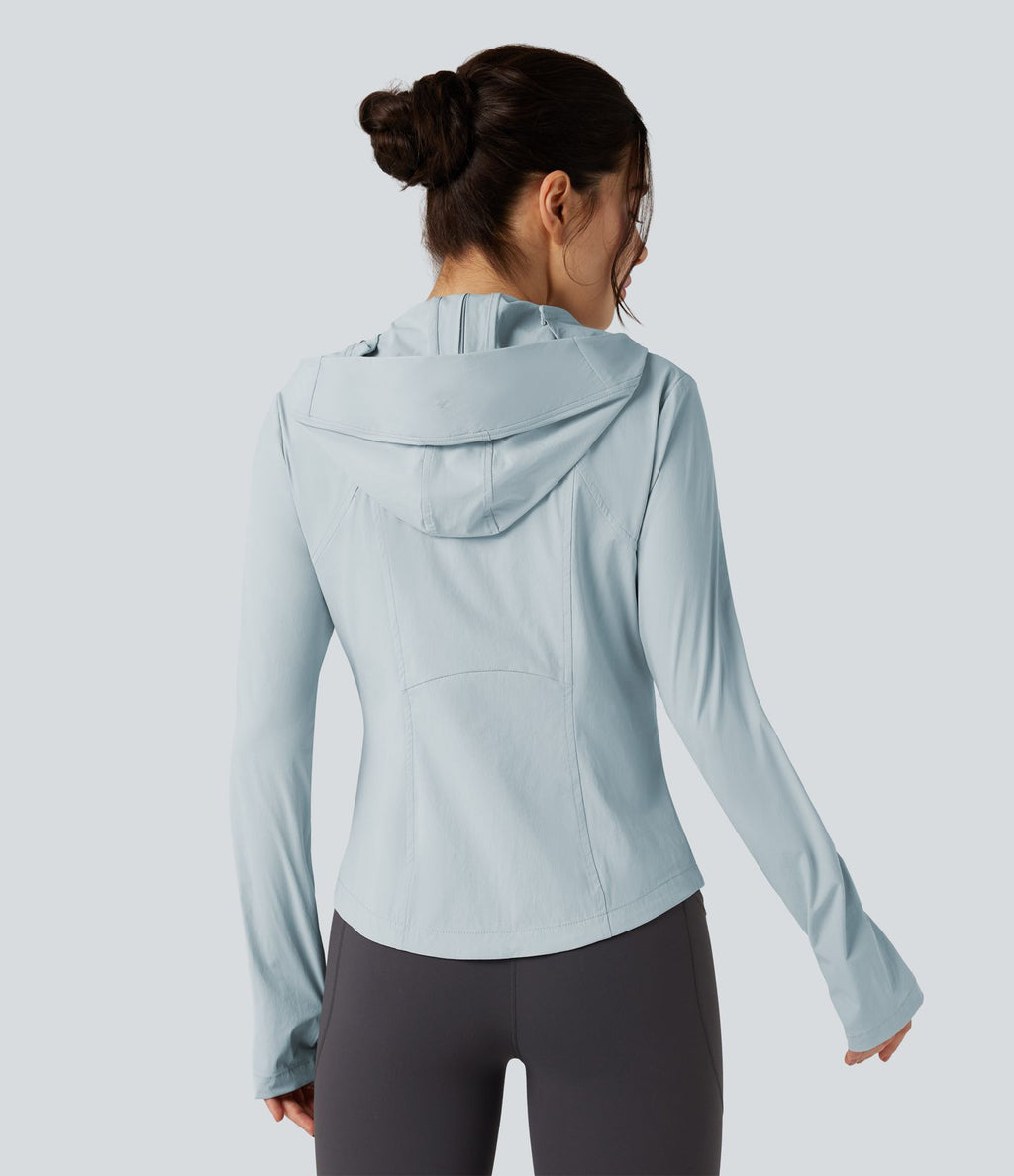 Veste de randonnée à capuche, manches longues, passants pouces et zip avec poches - UPF40+