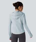 Veste de randonnée à capuche, manches longues, passants pouces et zip avec poches - UPF40+