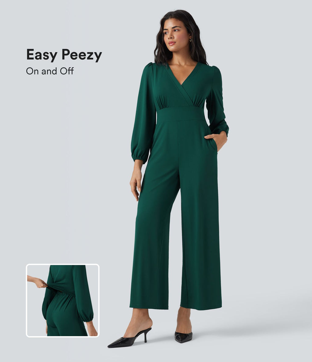 Combinaison tailleur à jambes larges, col V, manches longues, avec poches – Édition Easy Peasy