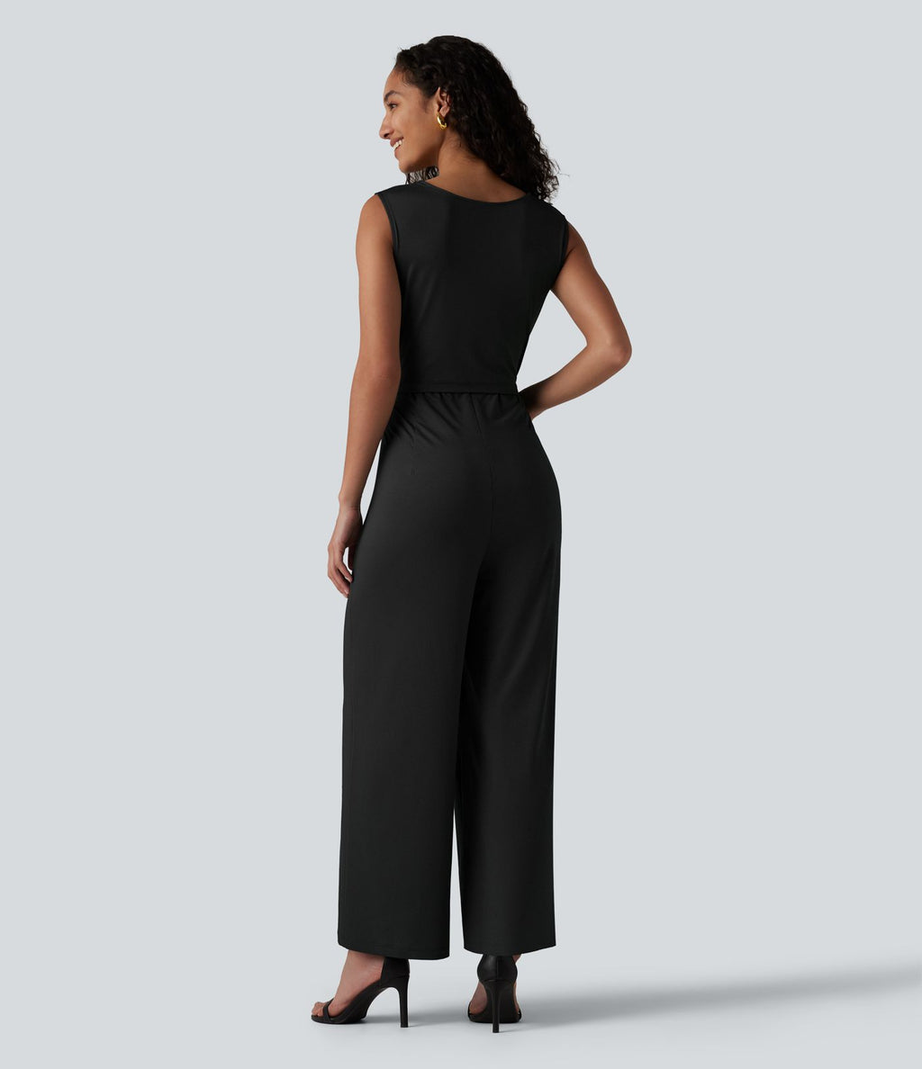 Combinaison tailleur jambe droite sans manches à col rond et taille croisée avec poches - Édition Easy Peasy