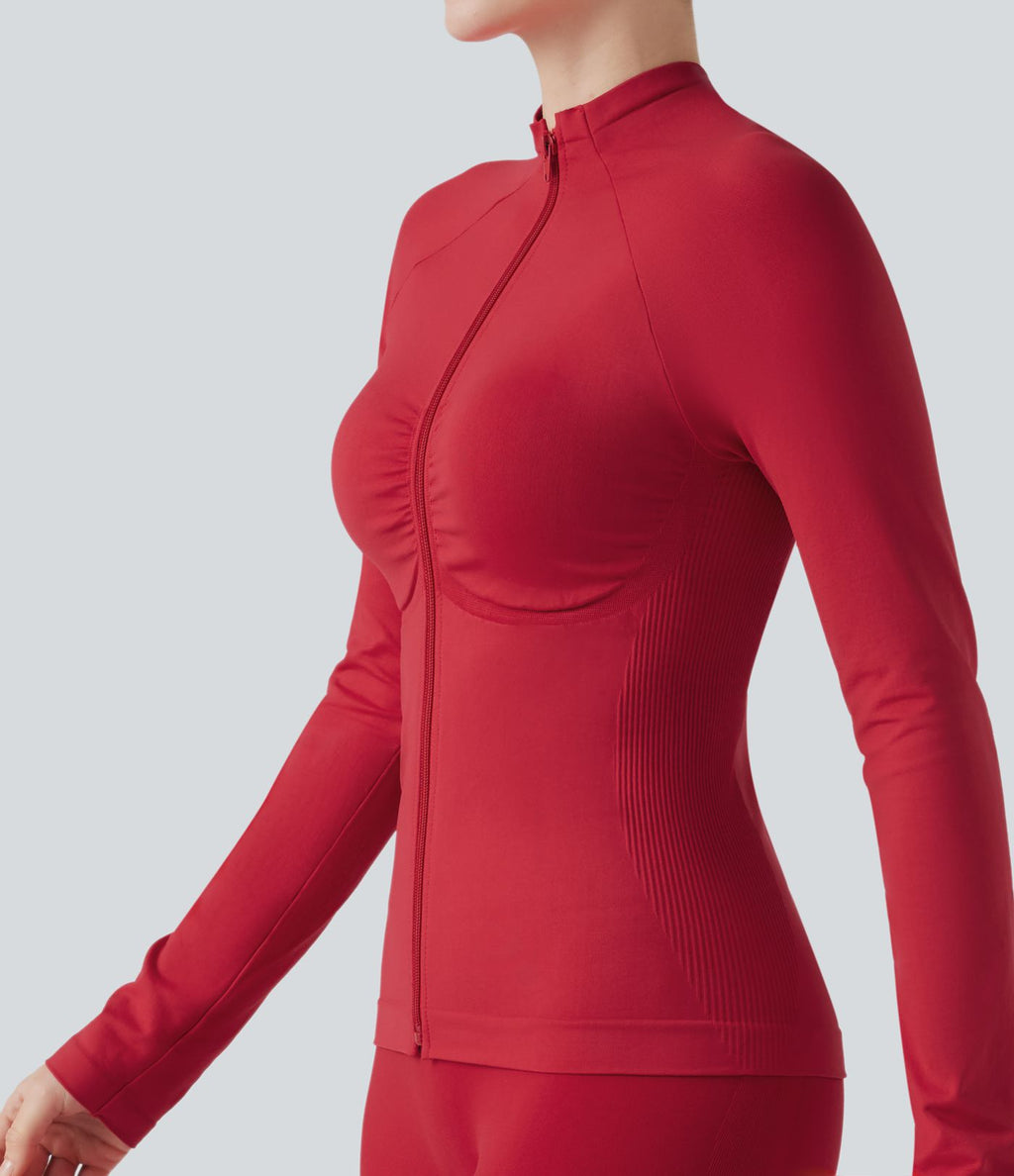 OneForm Seamless Flow Veste yoga zippée froncée à manches longues
