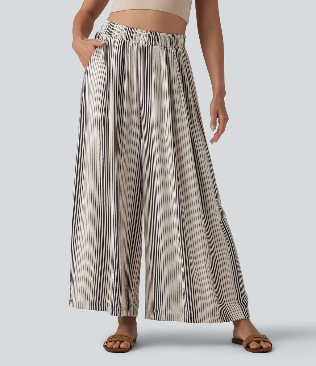 Pantalon large 7/8 taille haute à rayures avec poches