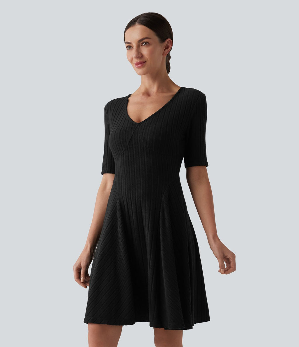 Robe mini casual évasée col V manches courtes en maille côtelée