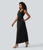 Robe longue fluide casual col U sans manches avec poches