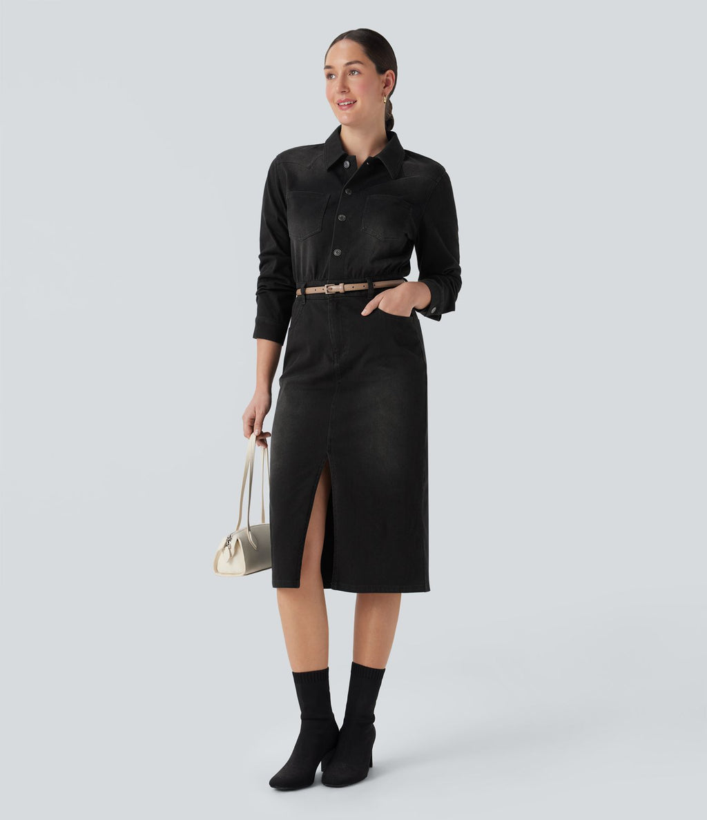 Robe chemise midi casual denim Halara Flex™ manches longues avec poches