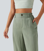 Pantalon décontracté taille haute à jambes larges en mélange de lin avec poches